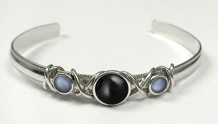 Sterling Silver Hand Made Cuff Bracelet With Black Onyx And Grey Moonstone